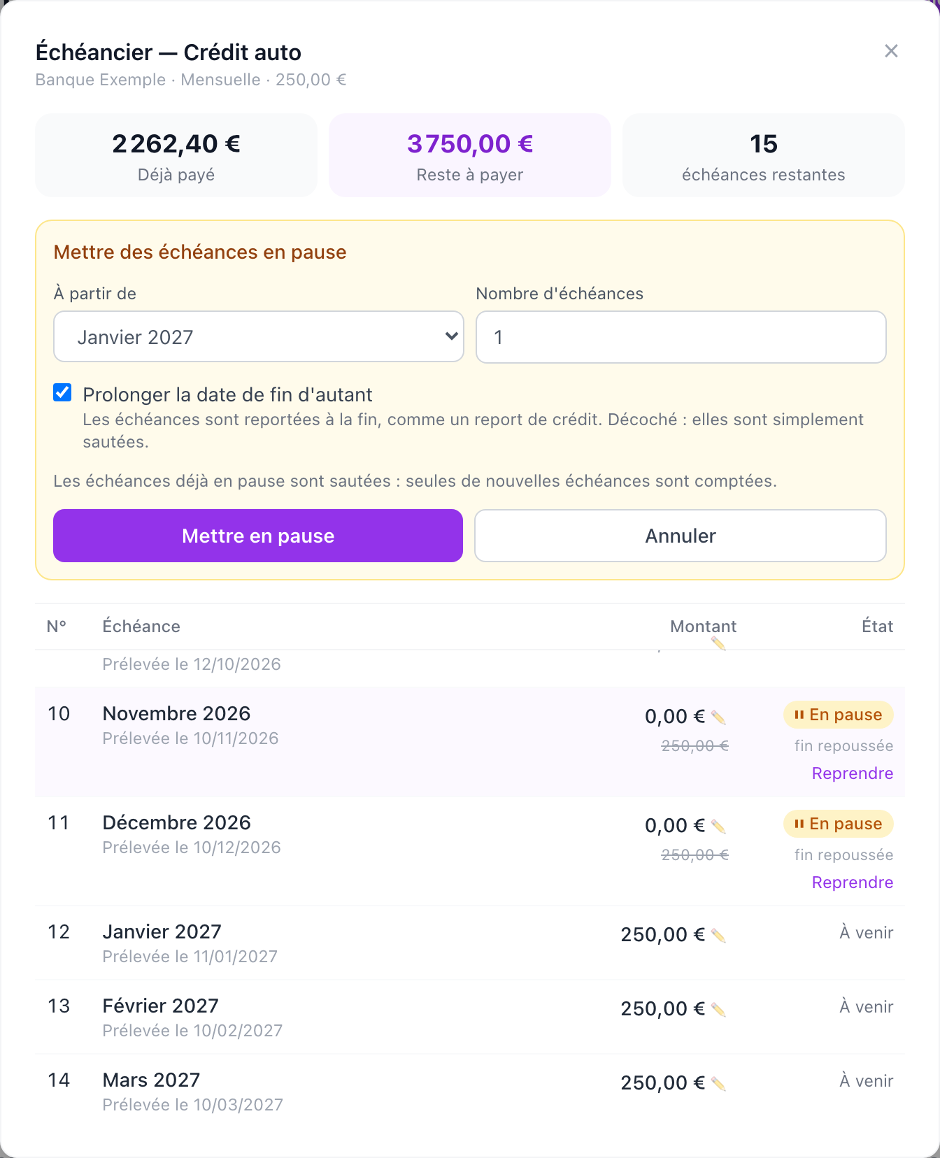 Le formulaire « Mettre des échéances en pause » d'Ecolibra : mois de départ, nombre d'échéances, prolongation de la date de fin